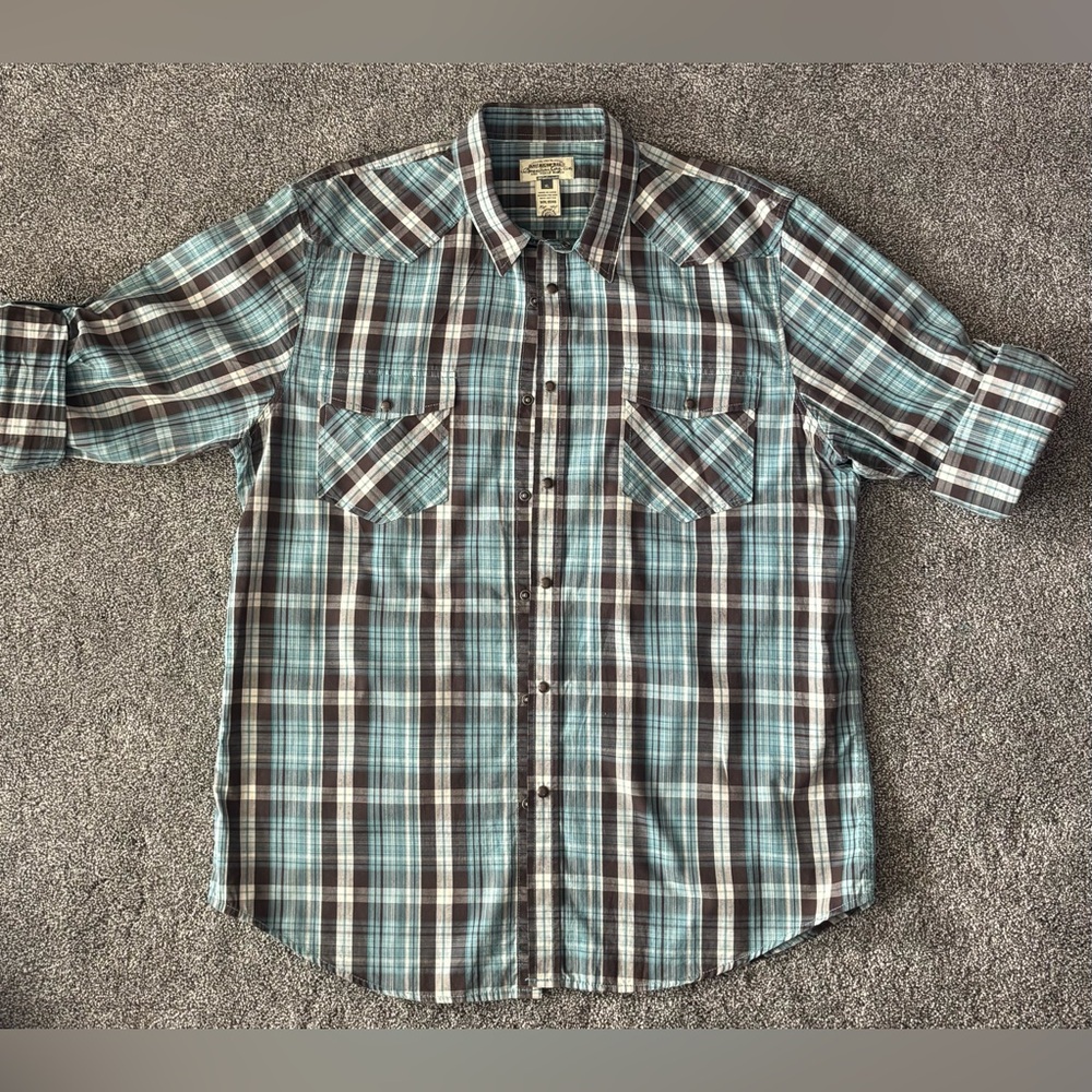 American Rag  Mens XL Plaid Shirt | Teal/Brown Pearl Snap Flap Pockets Roll